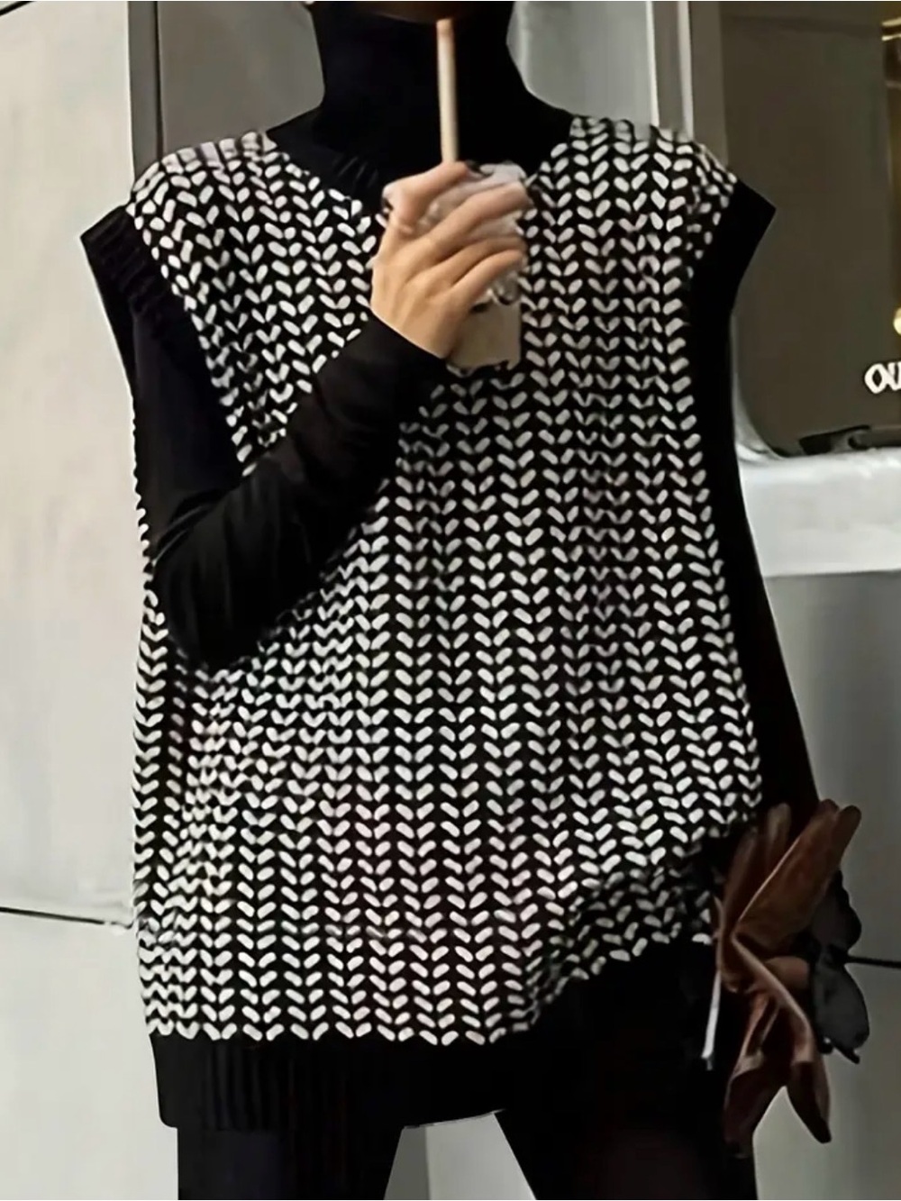 Herringbone Sleeveless High Neck Pullover Knit Sweater